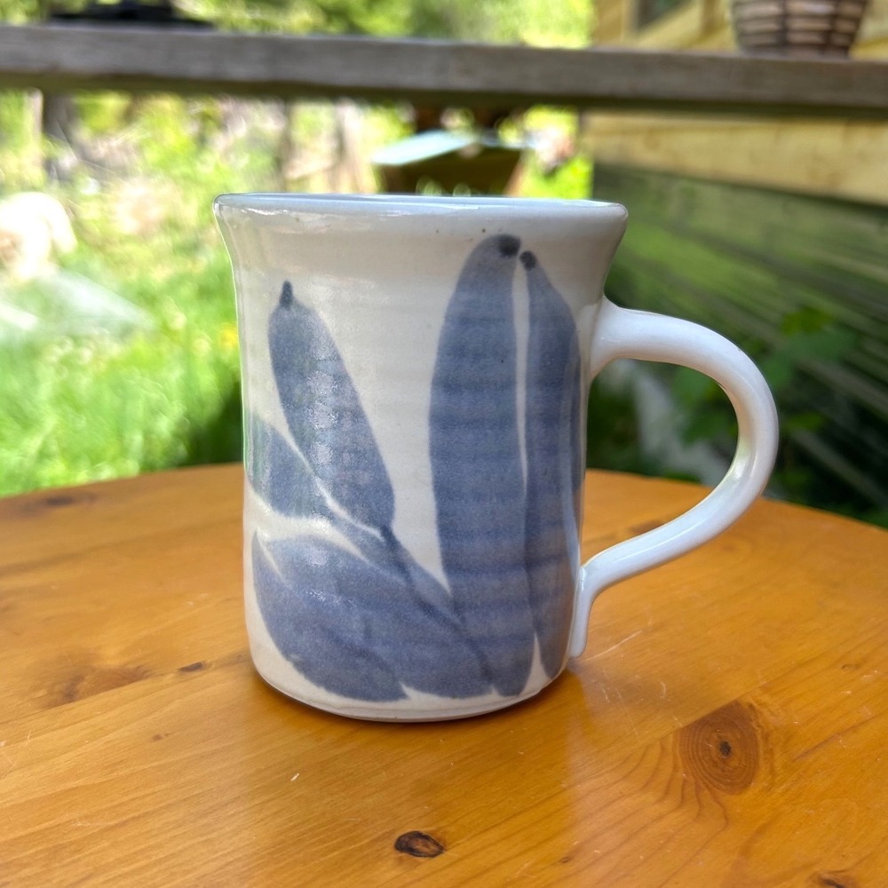 Vintage Cobalt Blue Leaf Studio Pottery Mug Large White Signed Studio Pottery
